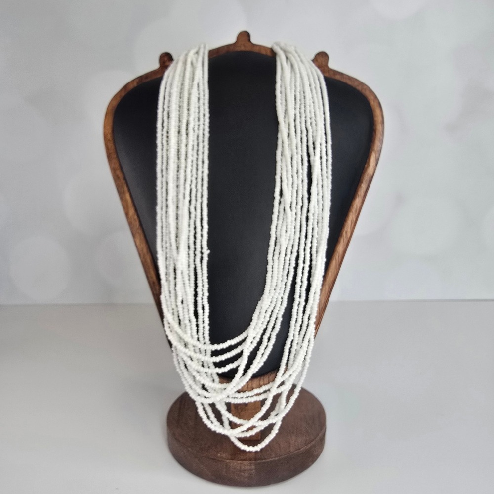 Vintage White Multi Strand Seed Bead Necklace Gold Tone Filigree Box Clasp